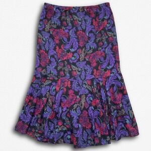 Vintage Floral Damask Midi Skirt Purple Magenta Elastic Waist Flared Hem XL